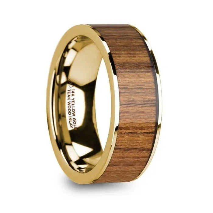 TERIS Men’s Polished 14k Yellow Gold Wedding Ring with Teak Wood Inlay – 8mm