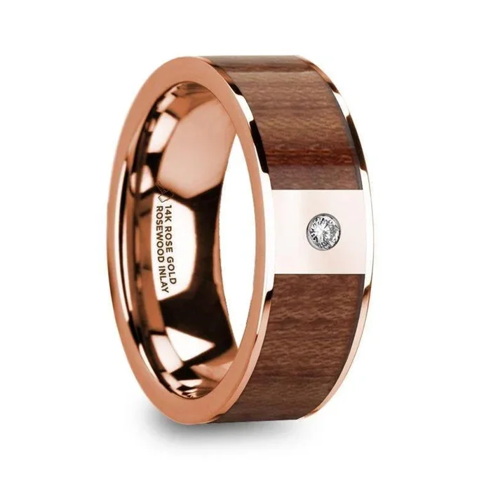 THANASIS Polished 14k Rose Gold Men’s Wedding Ring with Rosewood Inlay & Diamond Center – 8mm