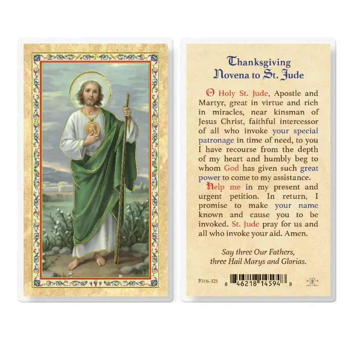 Thanksgiving Novena – St. Jude Gold-Stamped Laminated Holy Card Pack of 25
