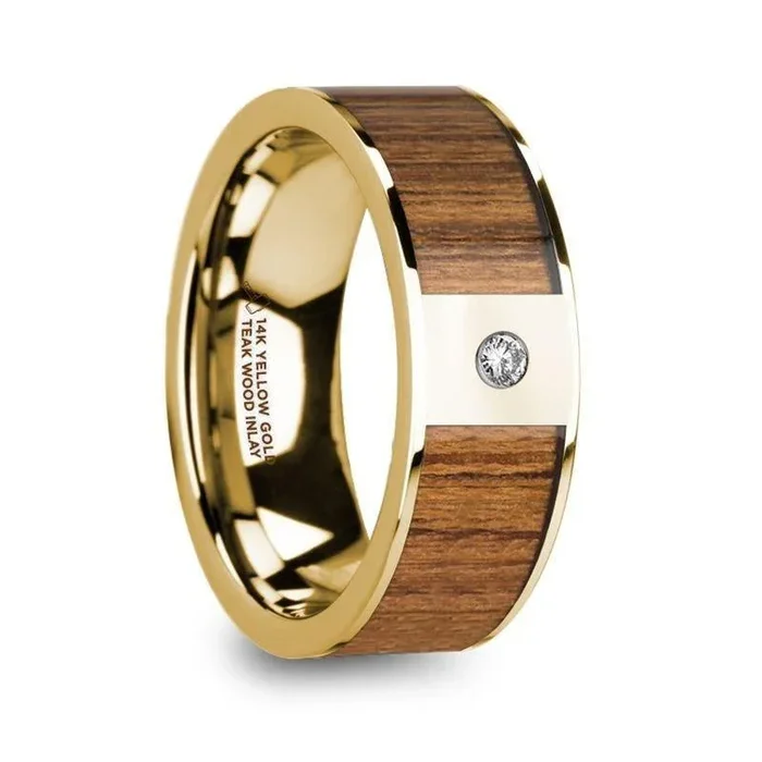 THEODOROS Polished 14k Yellow Gold Men’s Wedding Band with Teak Wood Inlay & Diamond – 8mm