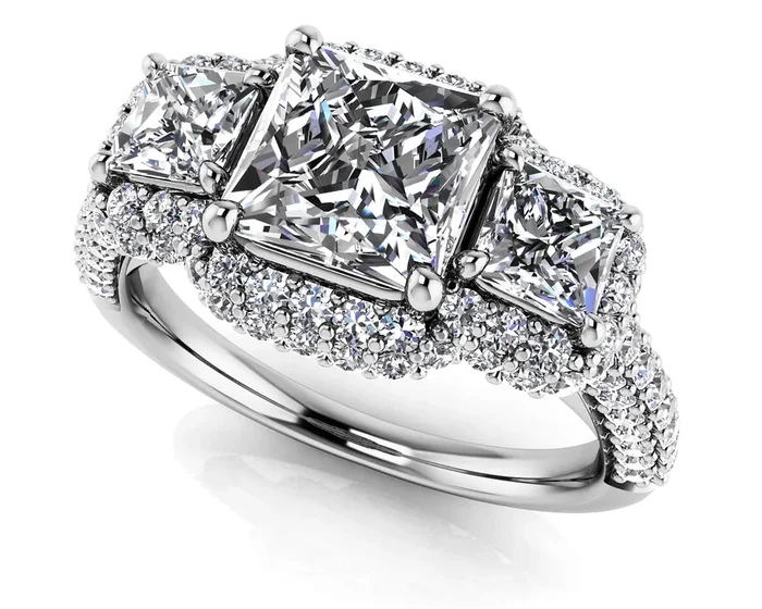 Three Stone Diamond Double Halo Anniversary Diamond Ring with 2.09 ct. (1.00 ct. center diamond)Watch