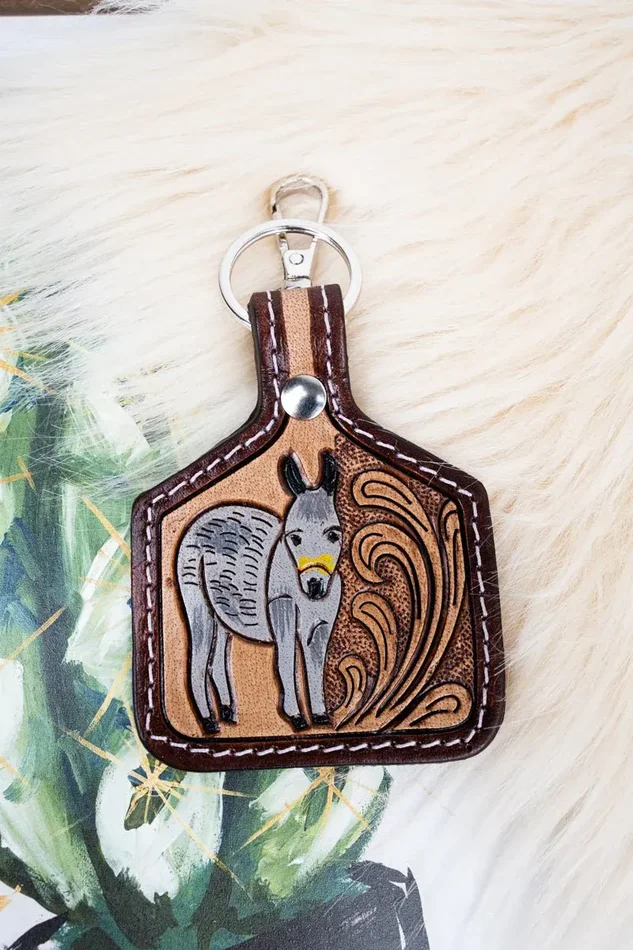 TIPI Dolly Donkey Tooled Cattle Tag Keychain
