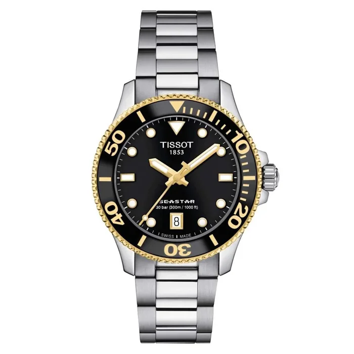 Tissot Unisex Watch – Seastar 1000 Quartz Black Dial Two Tone Case | T1202102105100