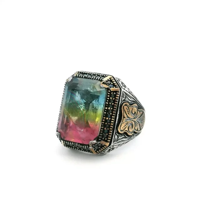 Tourmaline Doublet Ring – Faceted Blue Yellow & Pink Tourmaline Doublet with Single Row Pave Black Pave Nanostones Prong Set in 925 Sterling Silver with Gold Vermeil Accents sz11.75