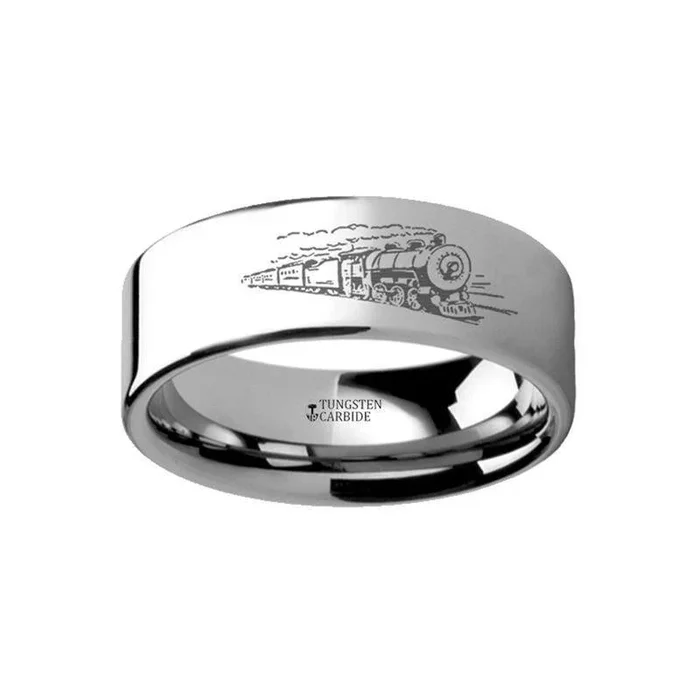 Train Conductor Railroad Landscape Engraved Flat Tungsten Ring – 4mm – 12mm