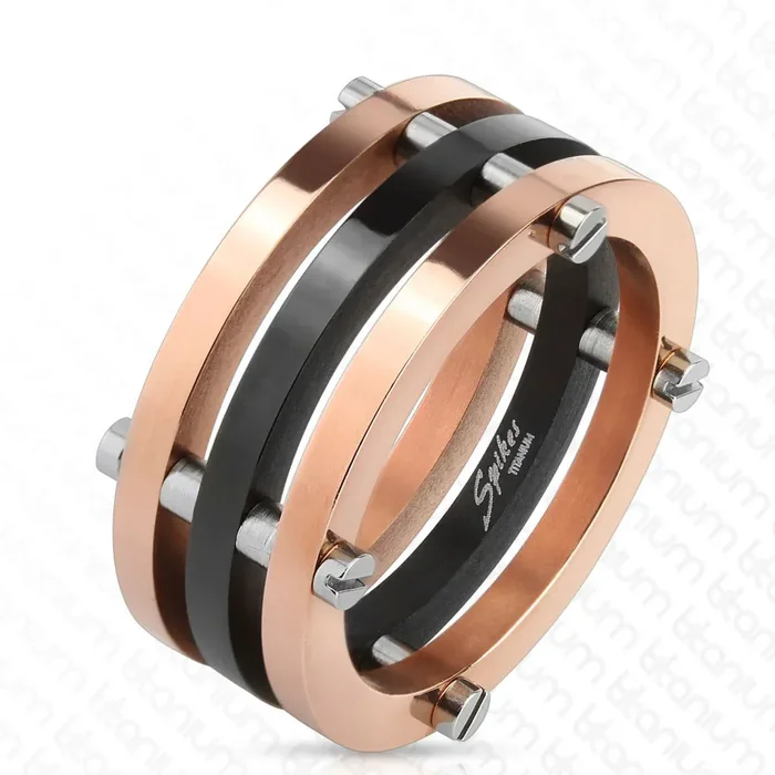 Tri-Tone Post Connected Triple Titanium Ring in Black and Rose Gold Ion Plated Finishes.