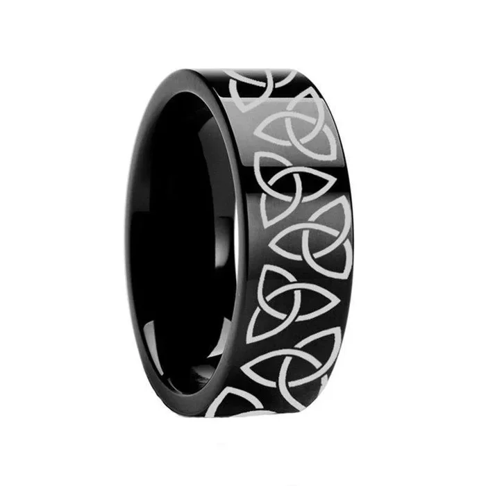 Triquetra Celtic Trinity Engraved Flat Black Tungsten Ring Polished – 4mm – 12mm