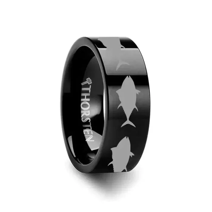 Tuna Fish Jumping Sea Print Pattern Engraved Flat Black Tungsten Ring – 4mm – 12mm