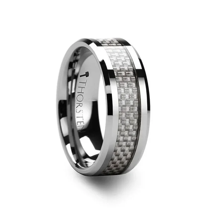 ULTIMUS Tungsten Carbide Ring with Beveled White Carbon Fiber Inlay – 4mm – 12mm