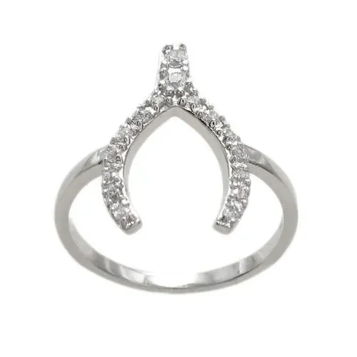 Unusual and Clever Wishbone Ring with CZ Sparkle in Rhodium Finished Sterling Silver