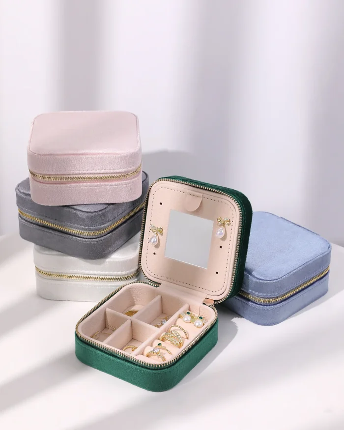 Velvet Square Mirror Travel Jewelry Box