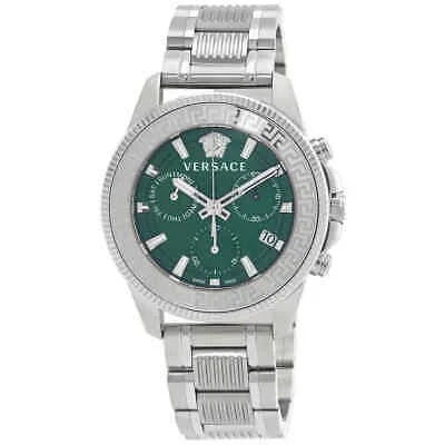 Versace Greca Action Chronograph Quartz Green Dial Silver Steel Strap Watch for Men – VE3J00422Men’s Watches
