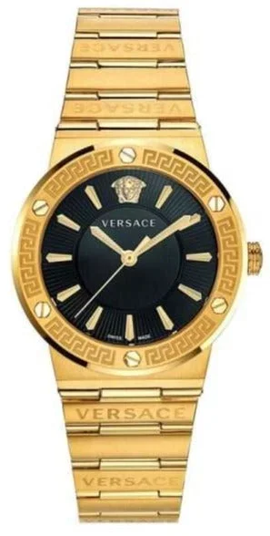 Versace Greca Black Dial Gold Steel Strap Watch for Women – VEVH00820Women’s Watches