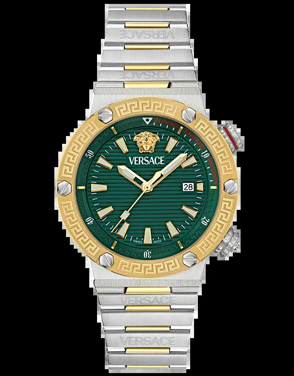 Versace Greca Logo Diver Quartz Green Dial Two Tone Steel Strap Watch for Men – VE8G00524Men’s Watches