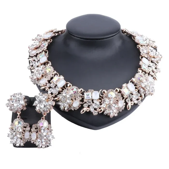 Vintage Chunky Chain Crystal and Rhinestone Necklace & Earrings Wedding Jewelry Set