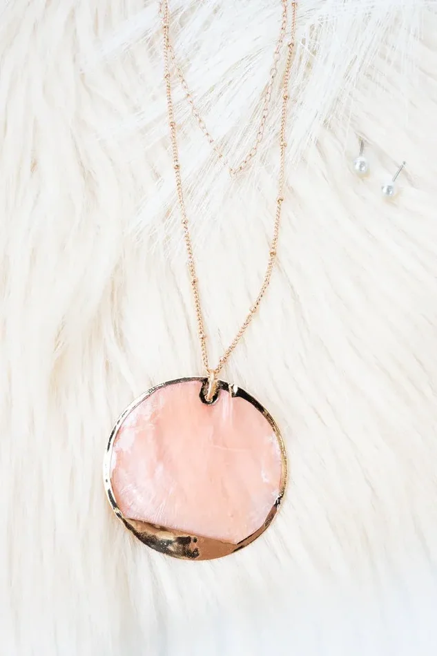 Viola Goldtone And Pink Shell Disk Necklace and Earring Set