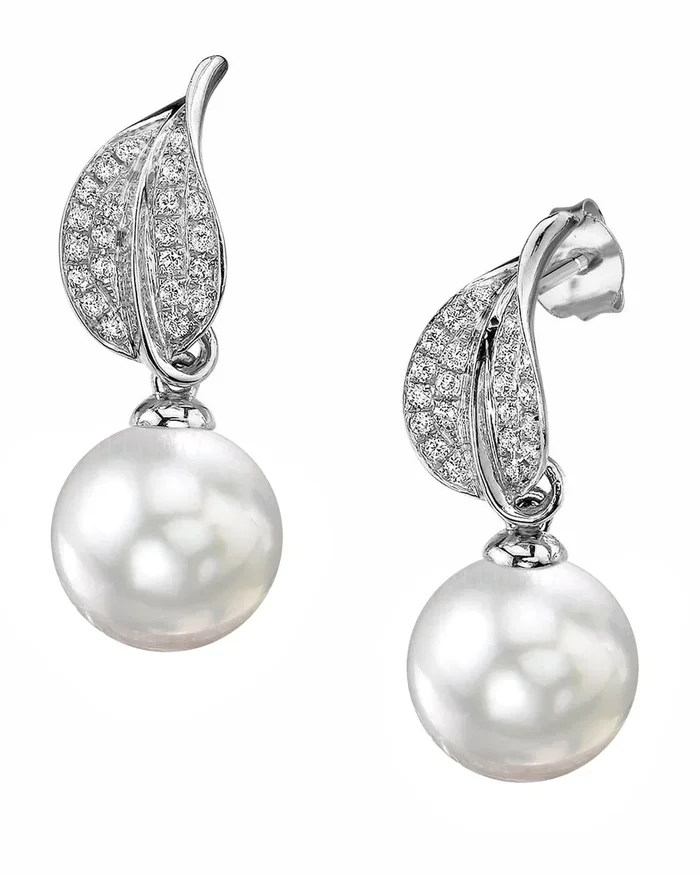 White South Sea Pearl & Diamond “Hazakura” Dangle Earrings