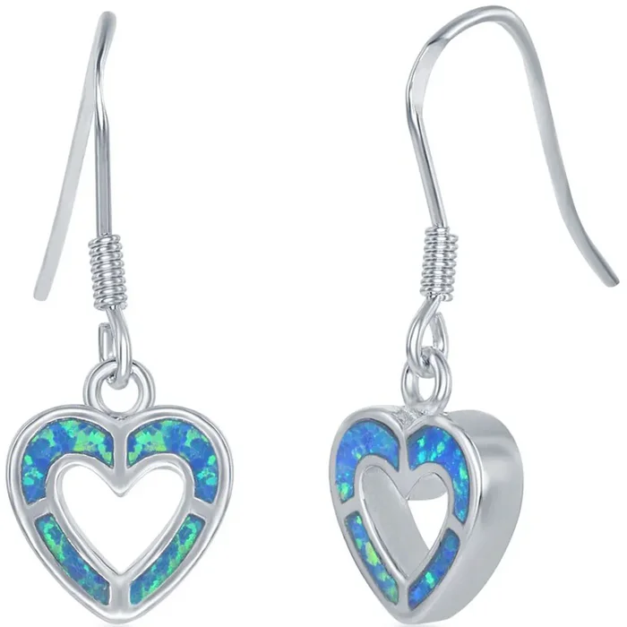 Women’s Earrings – Sterling Silver Blue Inlay Opal Open Heart Shape | D-3848
