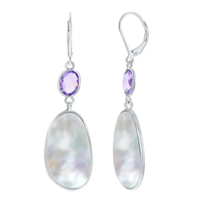 Women’s Earrings – Sterling Silver Oval Amethyst and Irregular MOP | SMD-7345