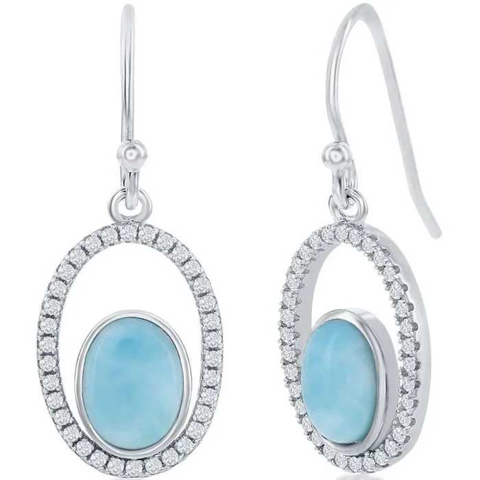 Women’s Earrings – Sterling Silver Oval Larimar with CZ | D-7874