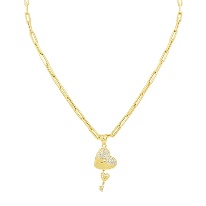 Women’s Heart Key Lock with Zirconia Necklace in 14K Gold