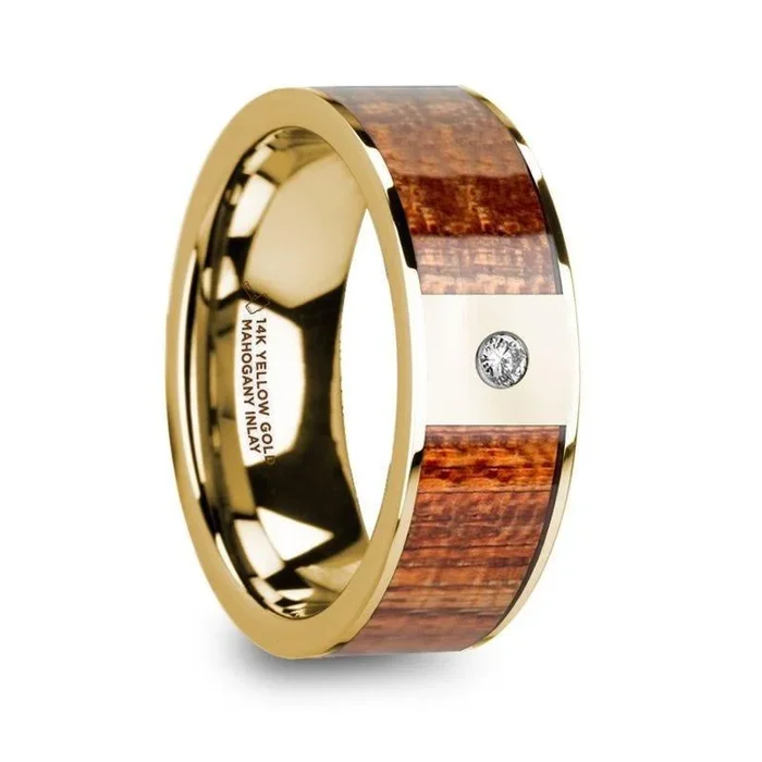 XANTHOS Men’s Mahogany Wood Inlaid Polished 14k Yellow Gold Wedding Band with Diamond – 8mm